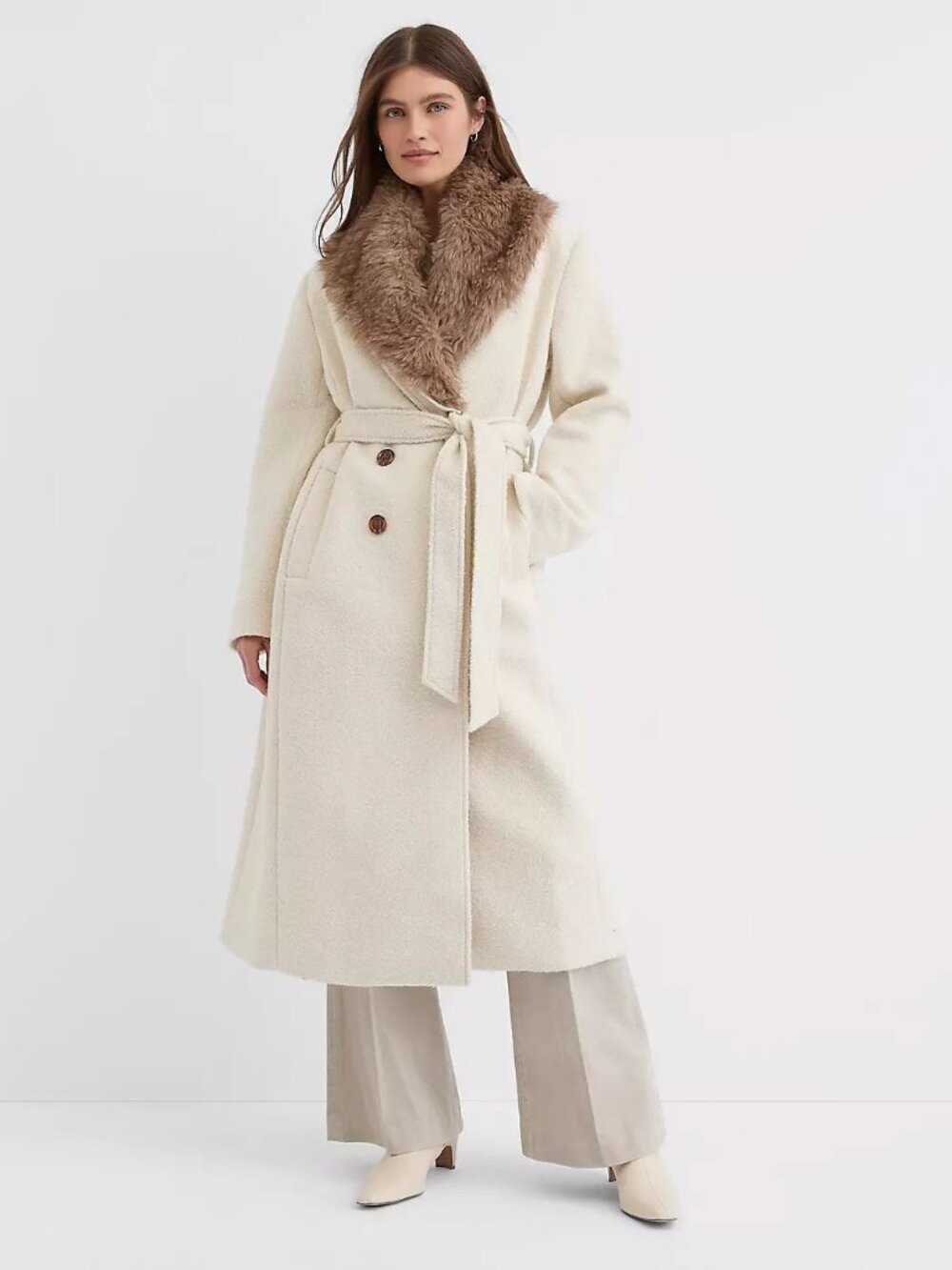 Ann Taylor Loft Faux Fur Shawl Collar Belted Boucle Maxi Coat